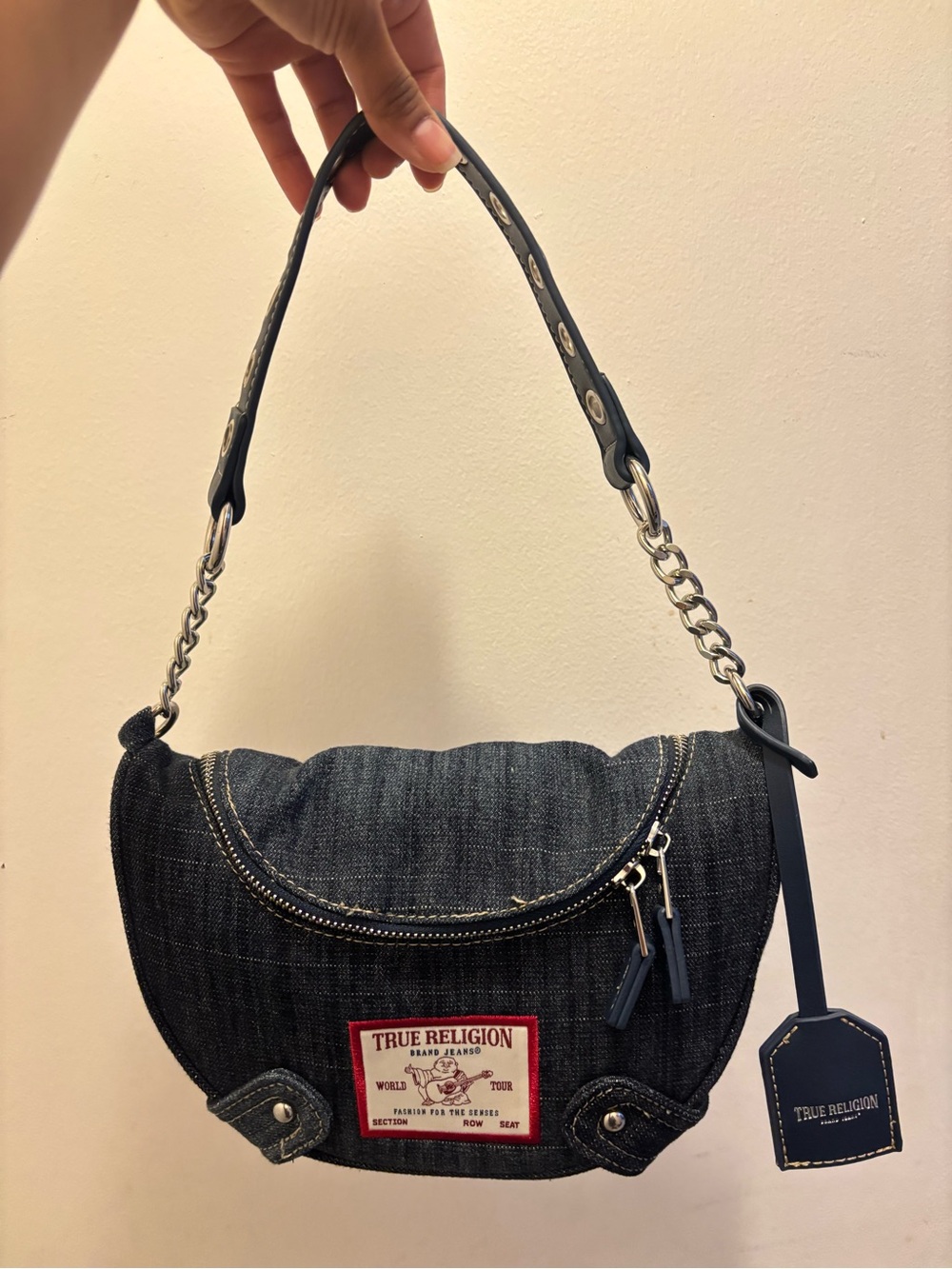 True Religion Dark Blue Denim Crescent Shoulder Bag with Chain Strap